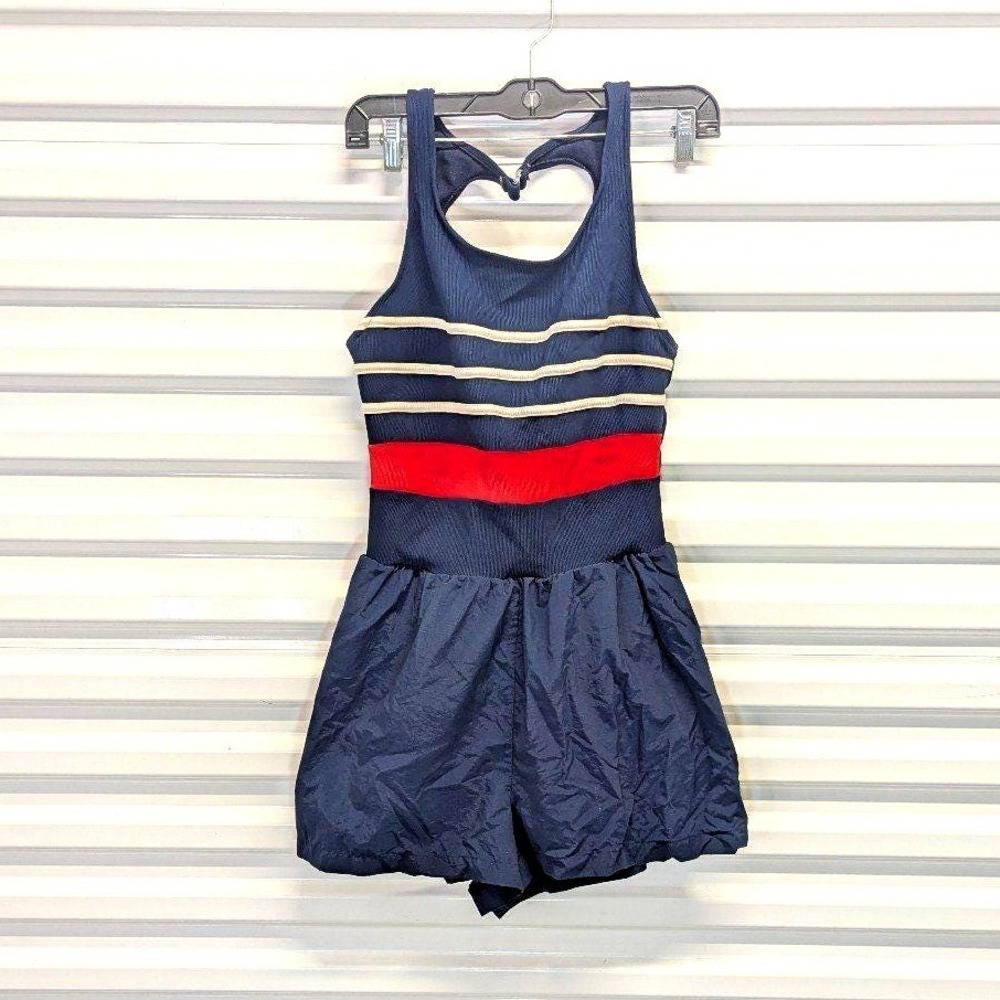 Vintage Americana Swim Romper Skirt One Piece Navy Red White Retro Le Cover 12